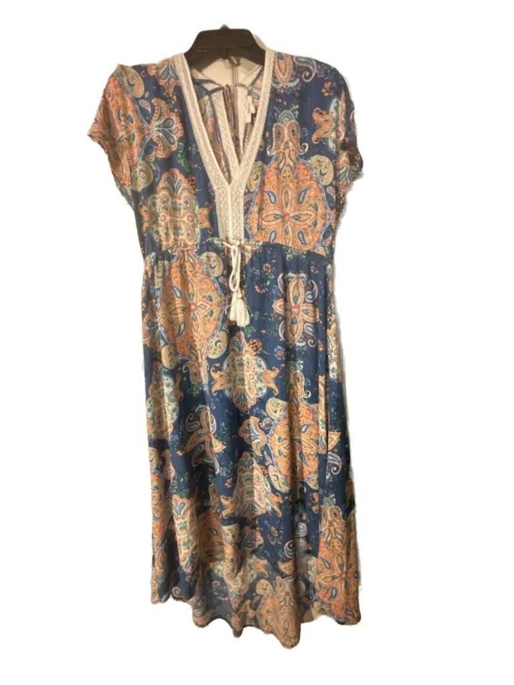 Springfield Paisley Print Boho Midi Dress with Lace Trim and Tassel Drawstring